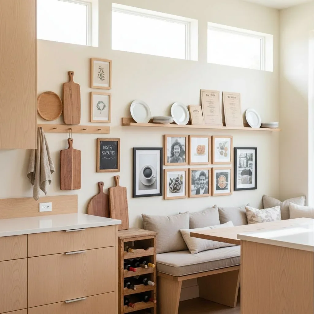 Warm kitchen with wood wall decor and gallery ledge