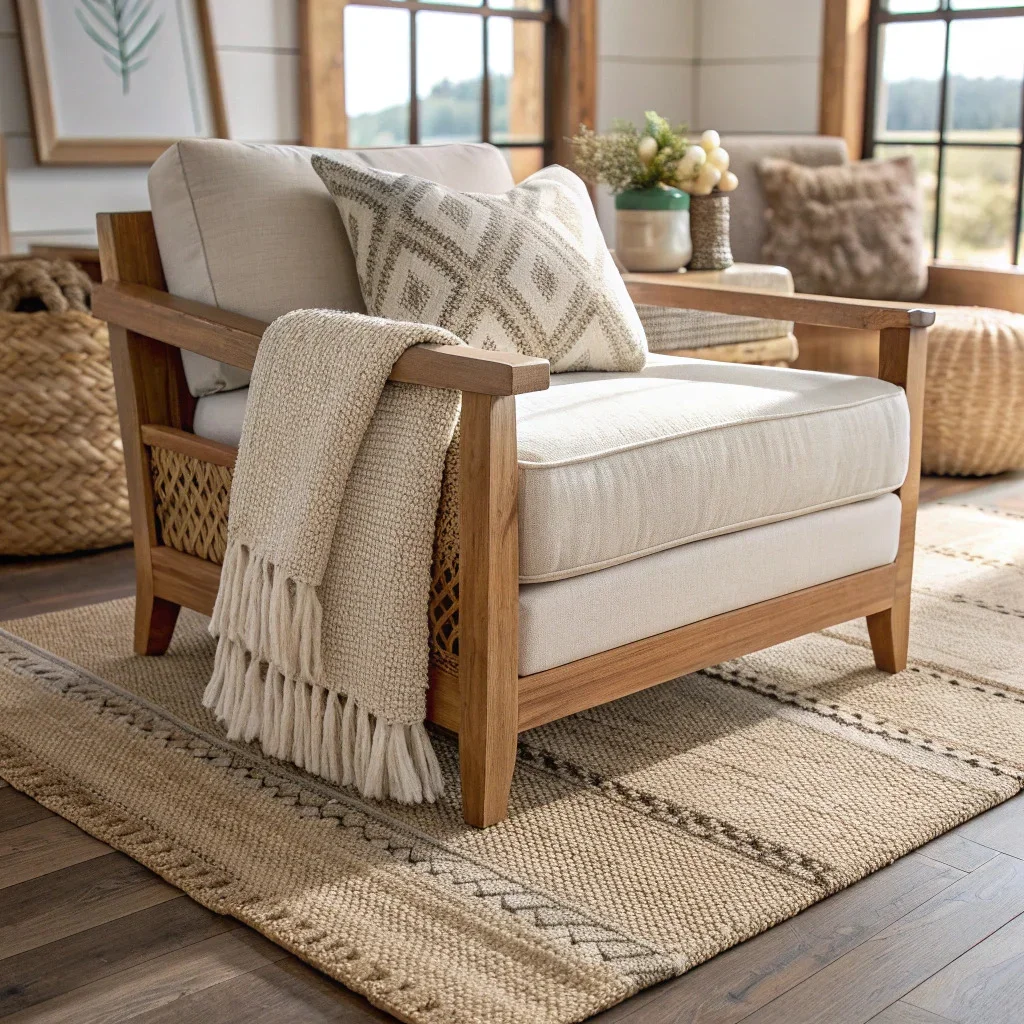 Close-up mix of oak, wool rug, and a distressed wood accent on chair.