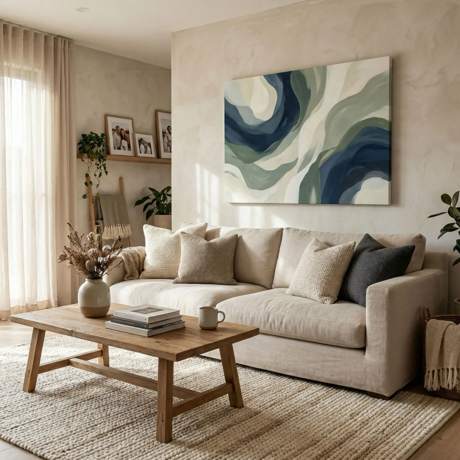 Large abstract canvas art above living room sofa