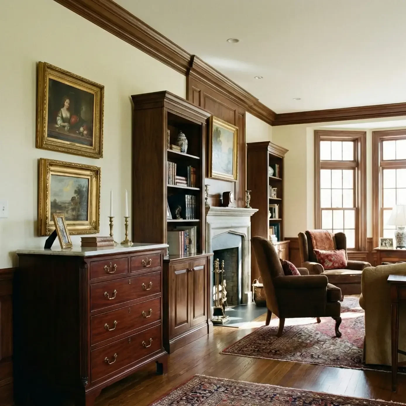 Classic living room with wood paneling, fireplace, and rugs