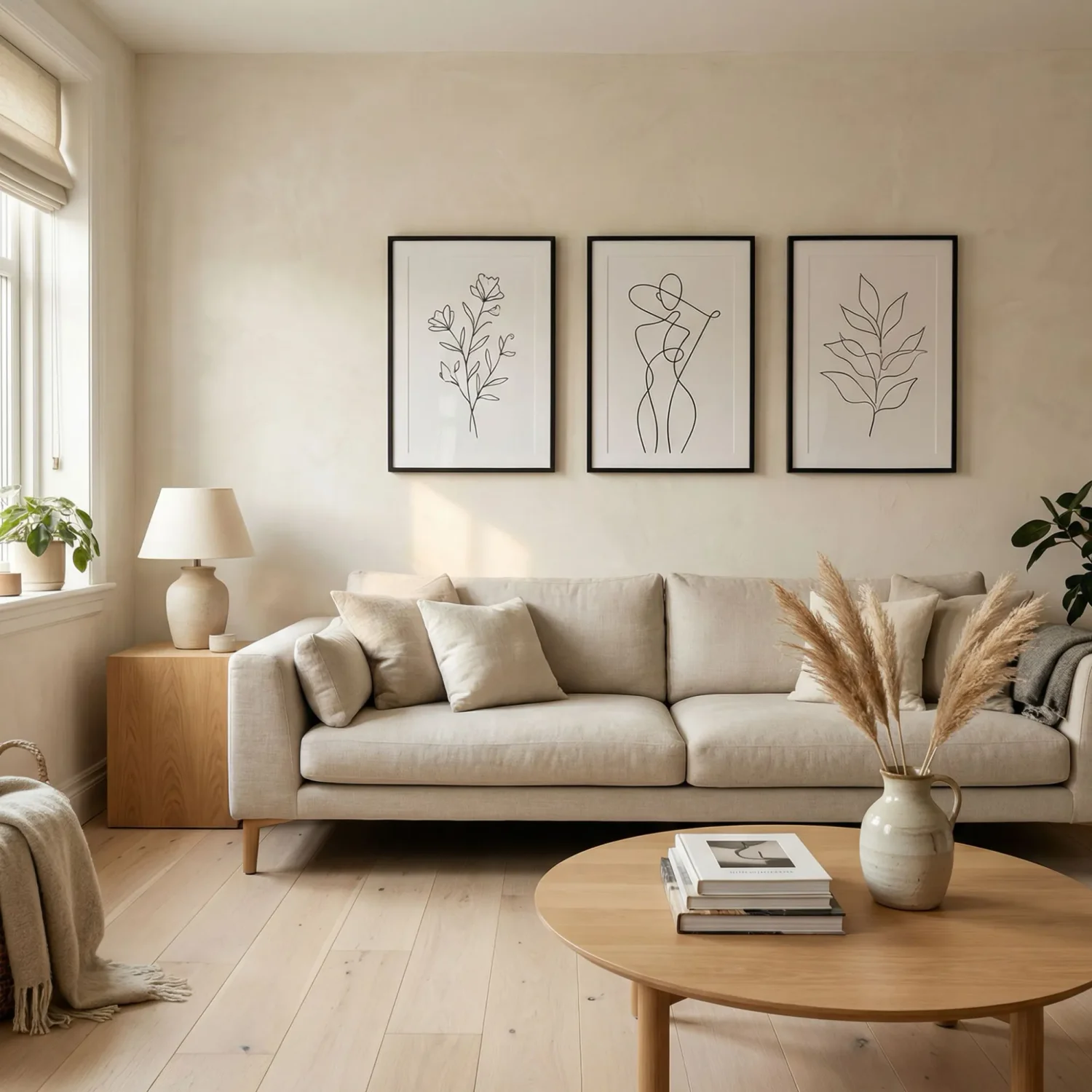Line art framed pictures above living room sofa