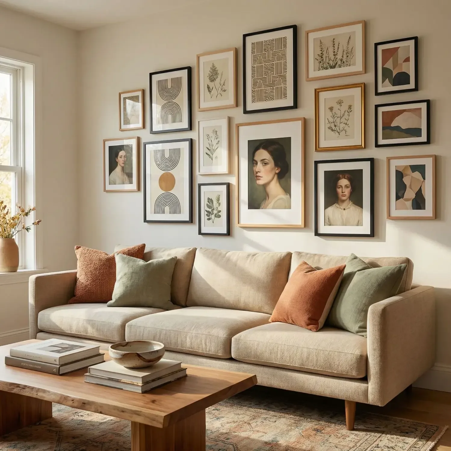 Mix-and-match gallery wall with geometric and botanical art
