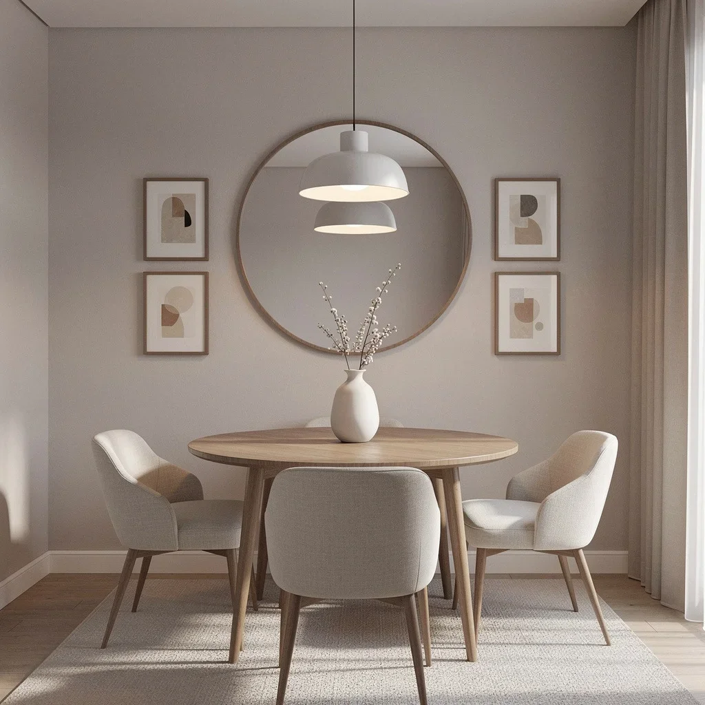 Small dining area with mirror and picture tiles on both sides of wall