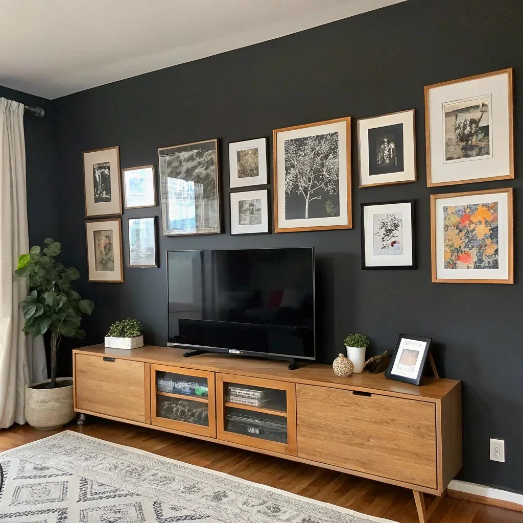 TV mounted on a deep-toned accent wall with monochrome frames and colorful art arranged around it for a balanced, cohesive look.