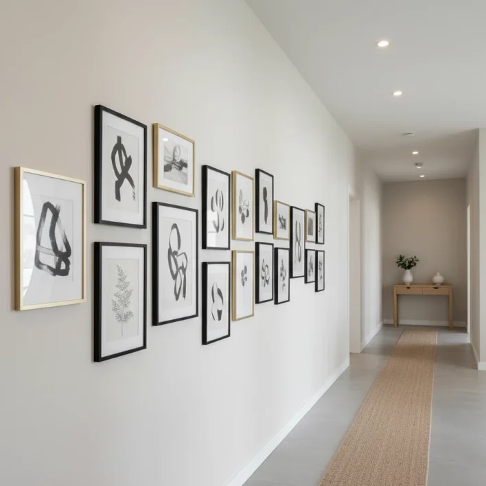 long hallway gallery of black-and-white abstracts