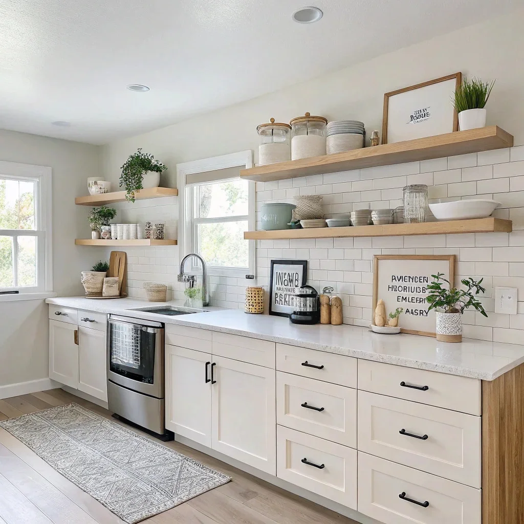 Minimalist kitchen with cleared countertops, organized open shelving, and two framed prints by the breakfast nook for a clean, simple update.
