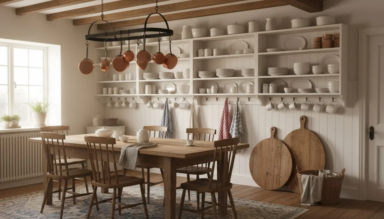 Open shelving and peg rails with cottage decor