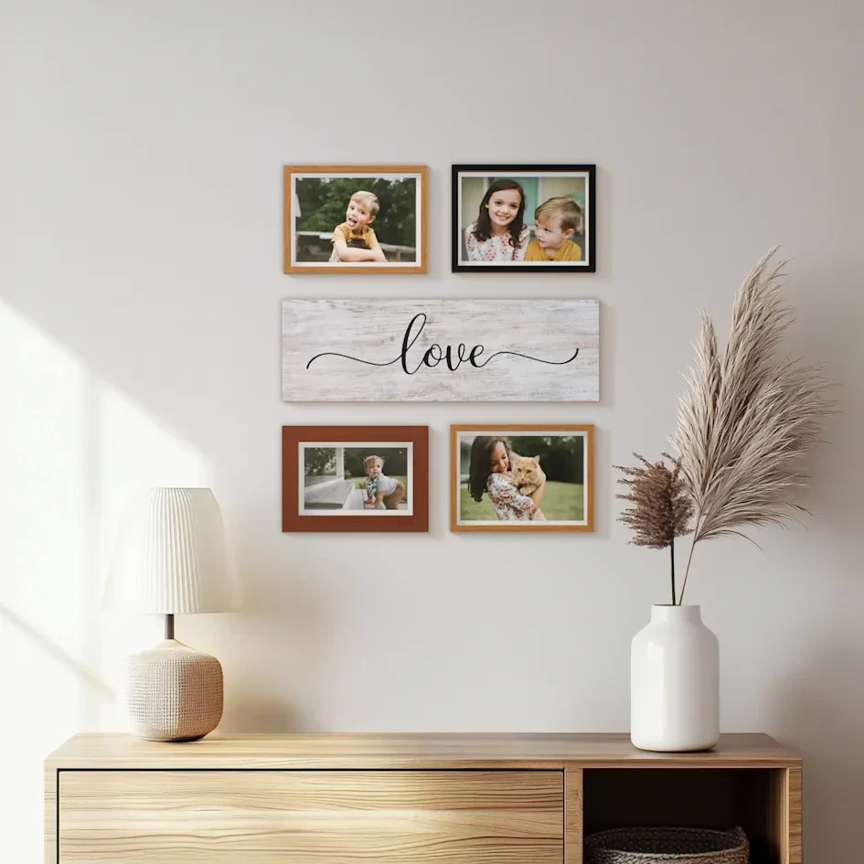 Gallery wall with family photos and a 'love' sign above console