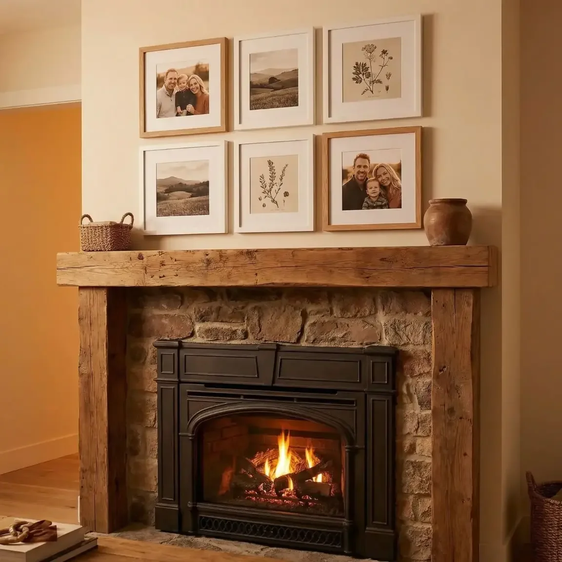 Rustic farmhouse fireplace wall with framed photos