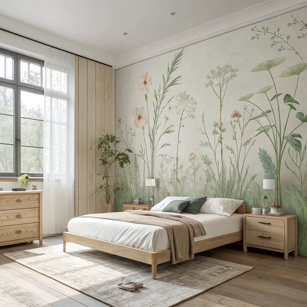 Bedroom with a soft botanical mural and simple, low-profile furniture.