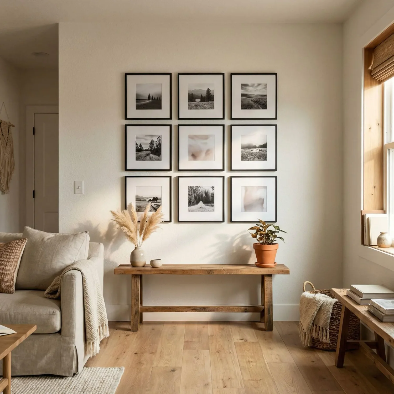 3x3 framed photo grid above console in living room