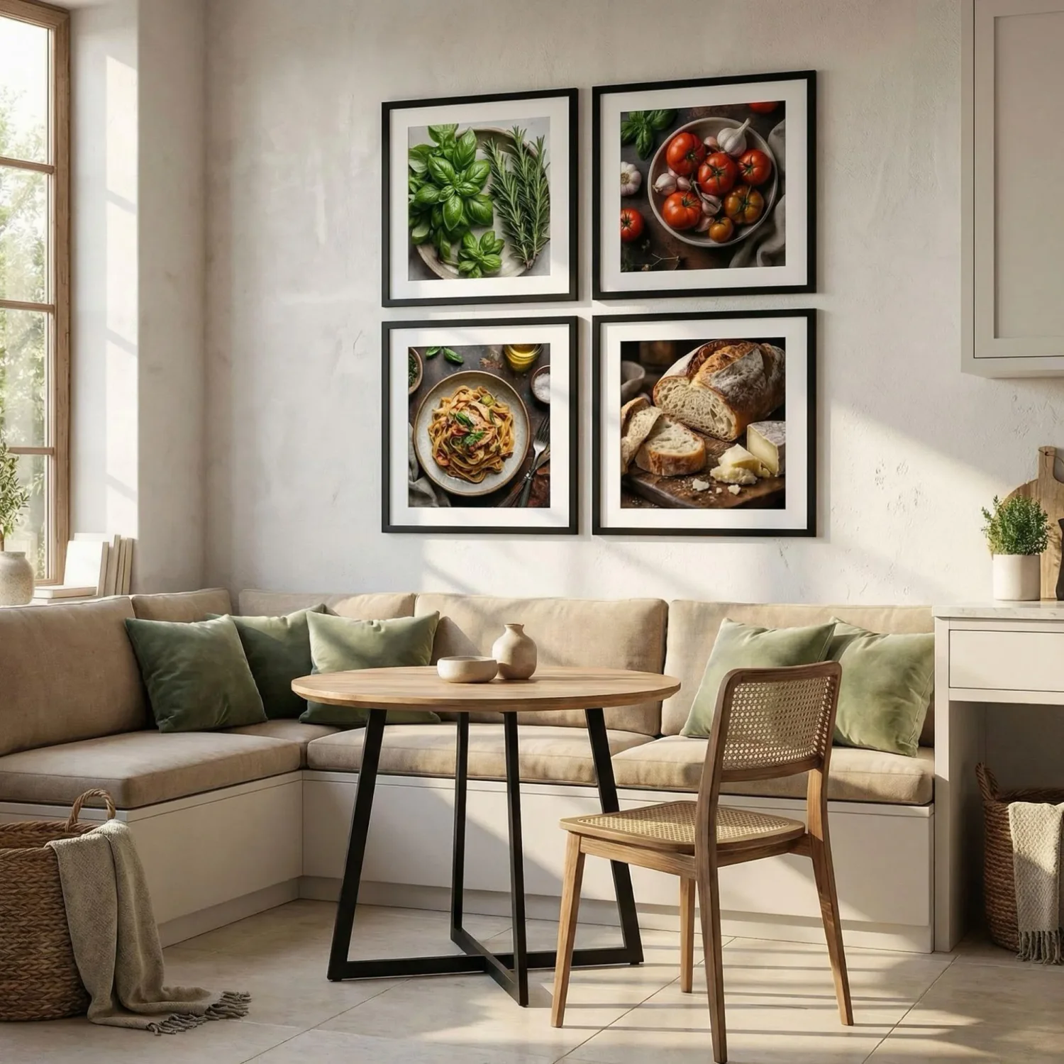 Black framed photos in modern kitchen dining nook