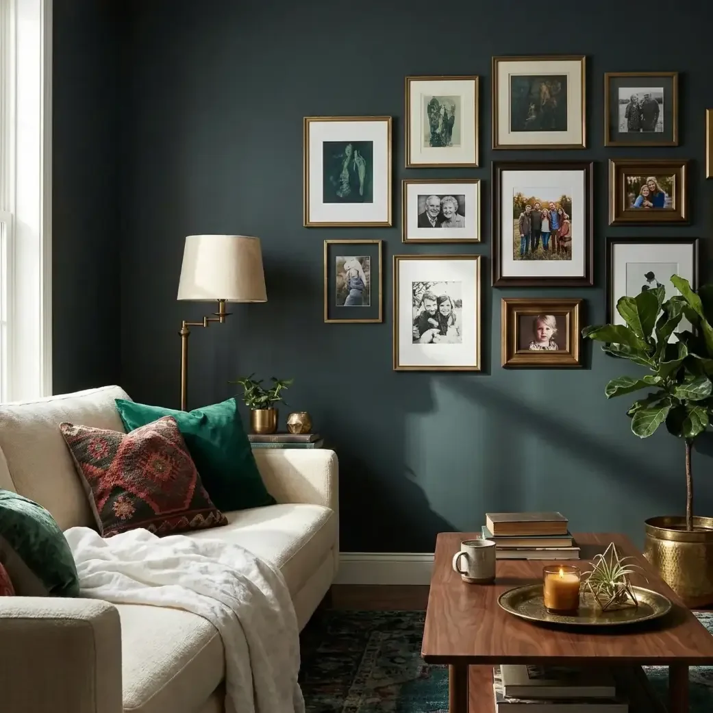 Moody living room with gallery wall on dark blue paint