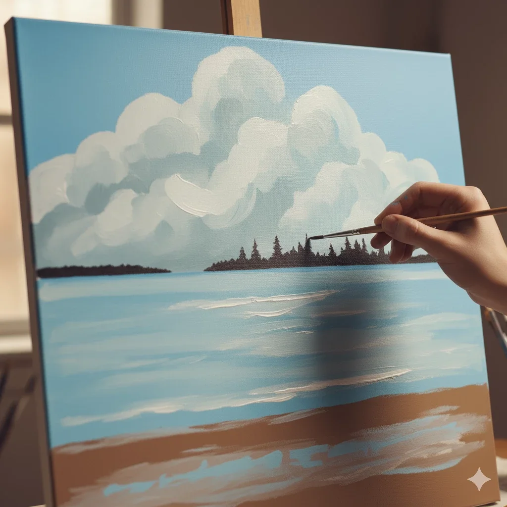 adding tree silhouettes to seascape under billowy clouds