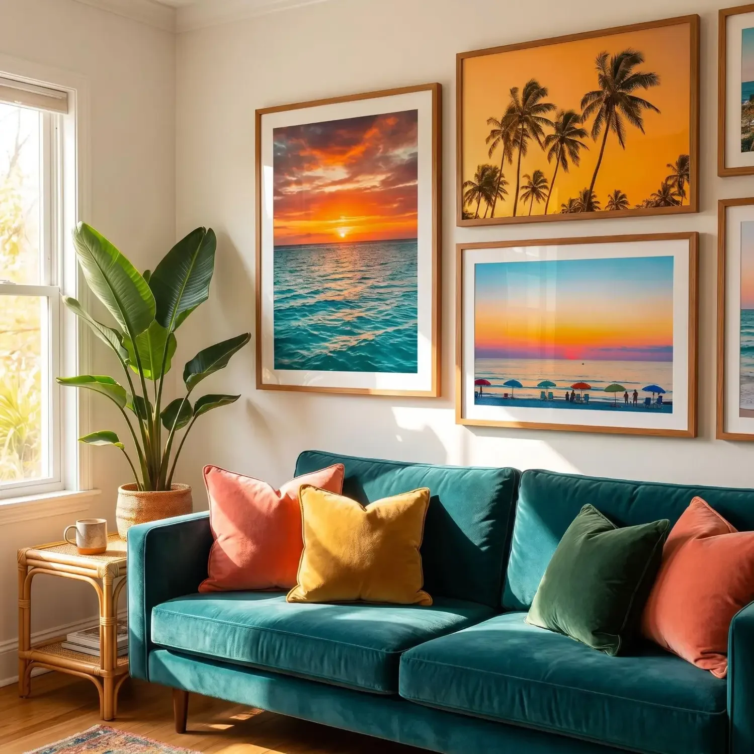 Tropical sunset framed beach art above teal sofa