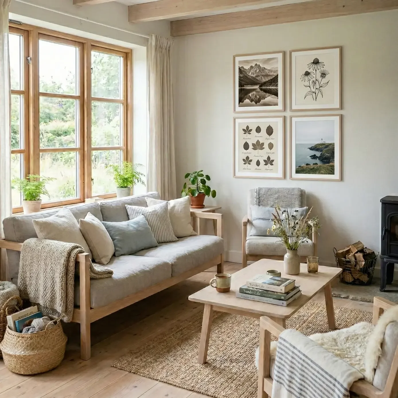 Sunlit lounge with neutral seating, coffee table, and prints