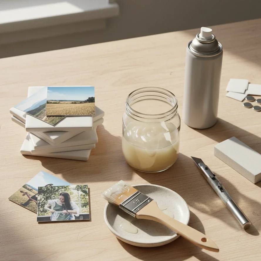 craft supplies for making photo tiles on table