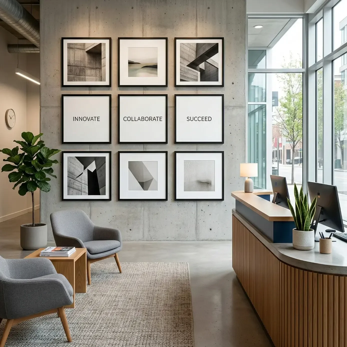 Modern office reception with concrete wall art and desks
