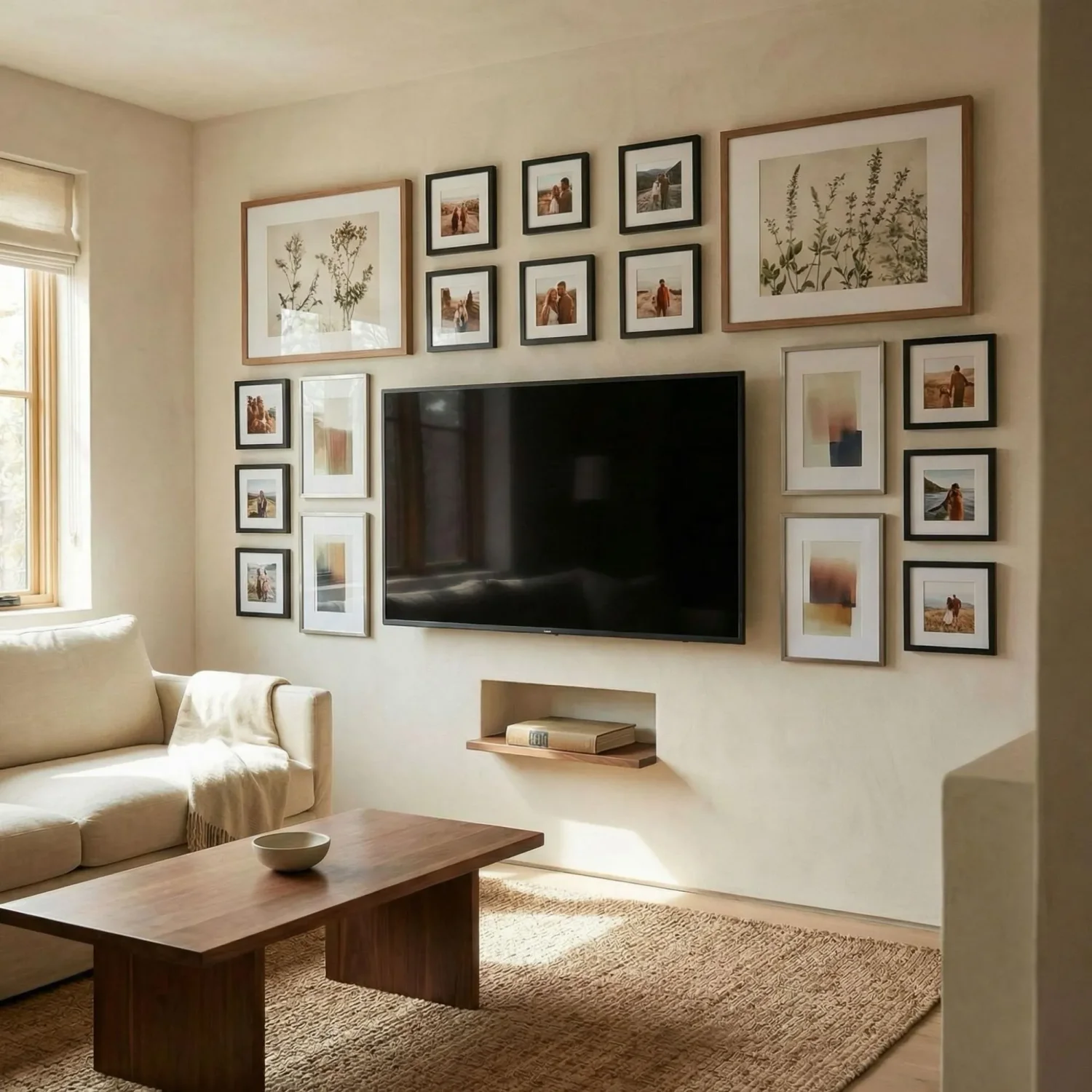 Salon-style asymmetrical framed photos around TV