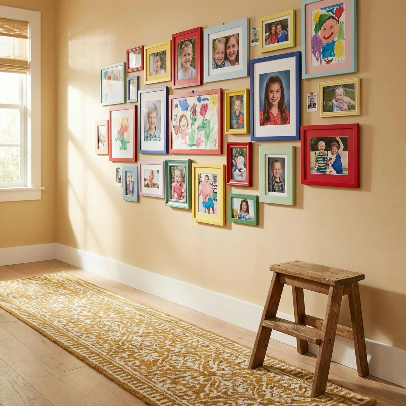 Colorful kids hallway with framed photos and artwork