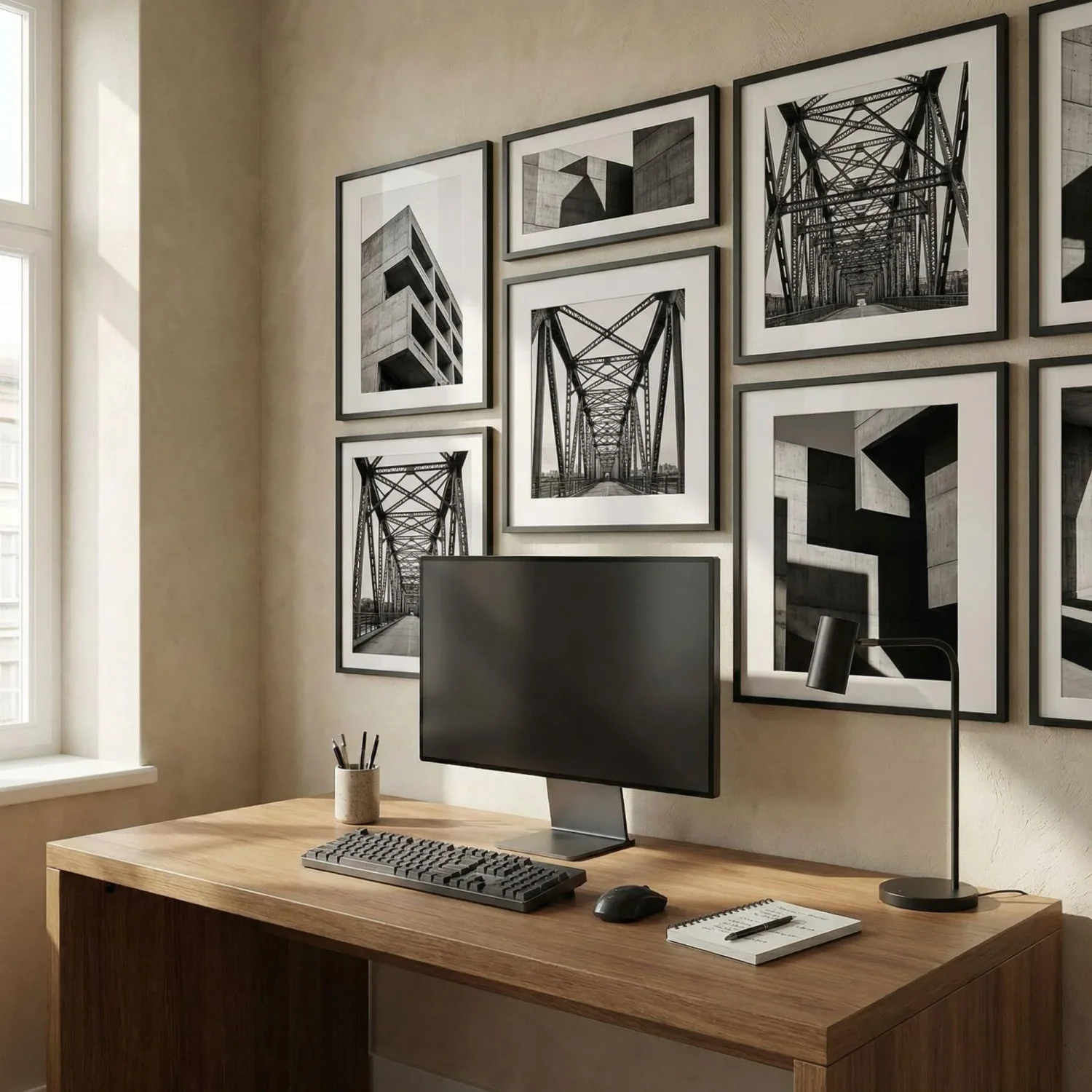 Architecture framed photos in a home office