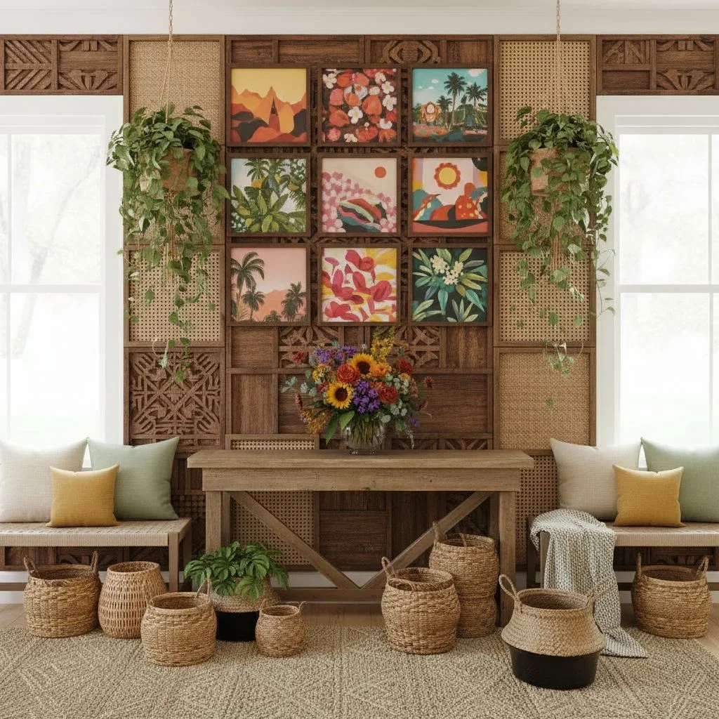 Boho hallway with rattan, cane, and playful Mixtiles