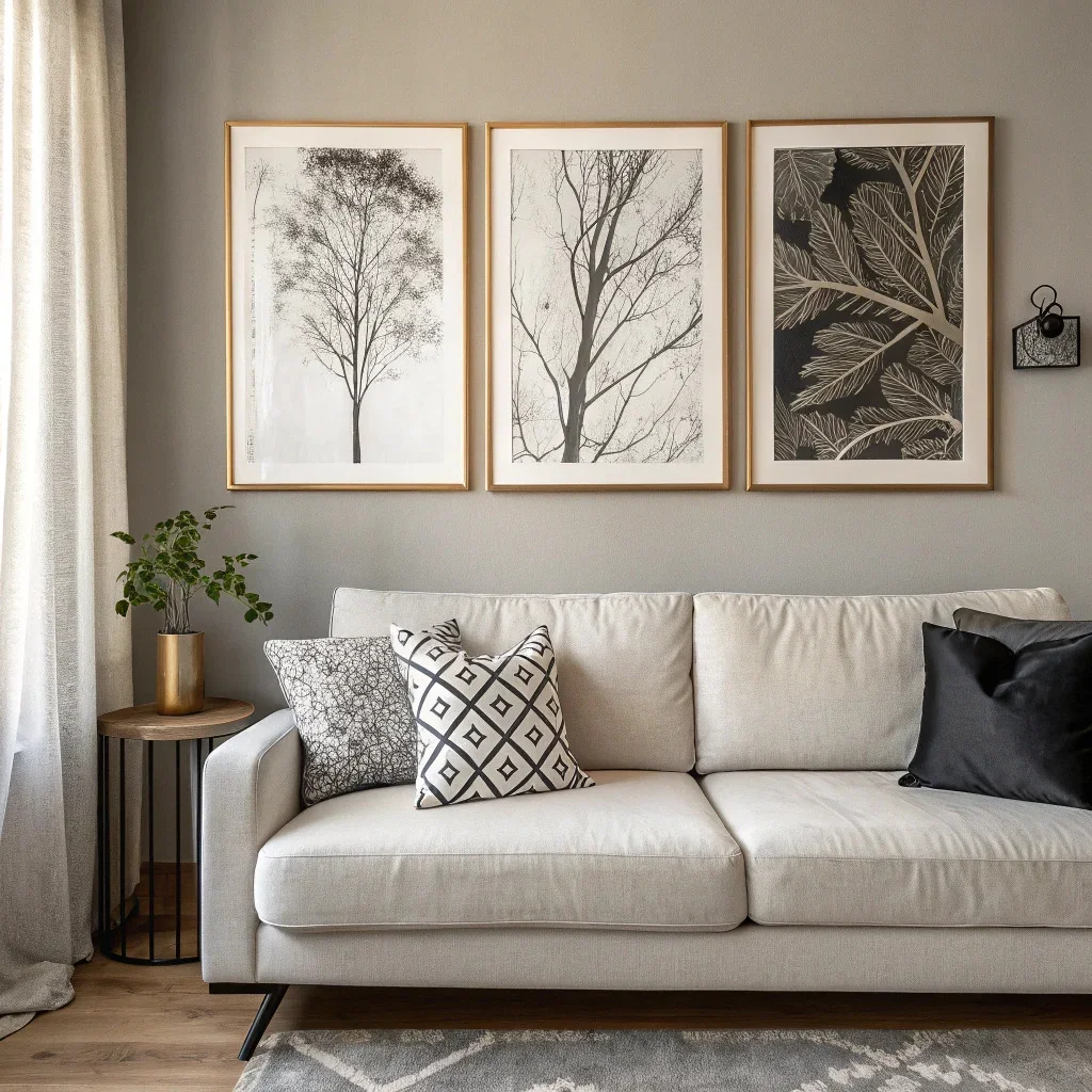 A living room with a sofa and above-couch decor that uses monochrome art, strong contrast, and textured materials to create a cohesive, calming look without relying on color.
