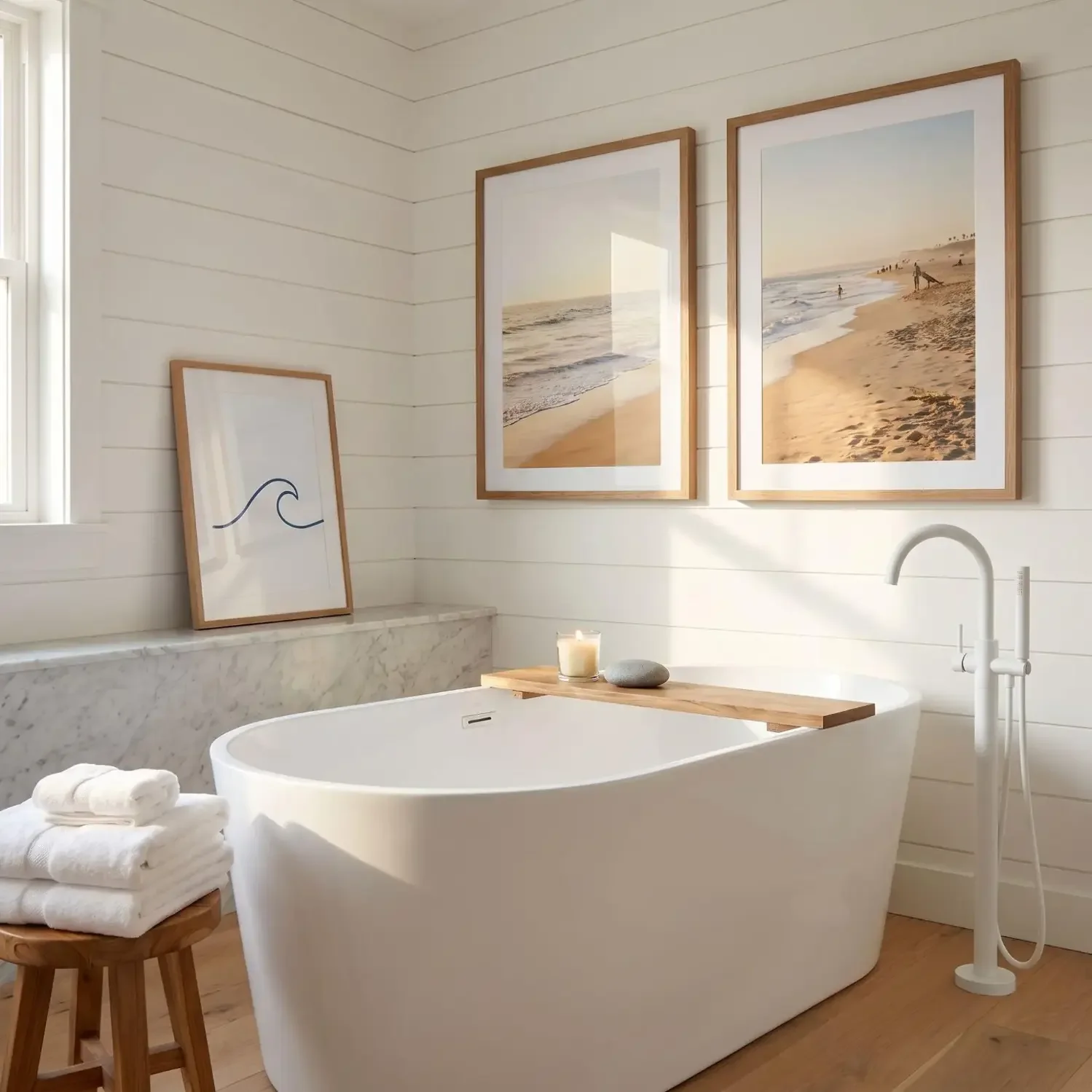 Spa master bath with seascape framed coastal photos