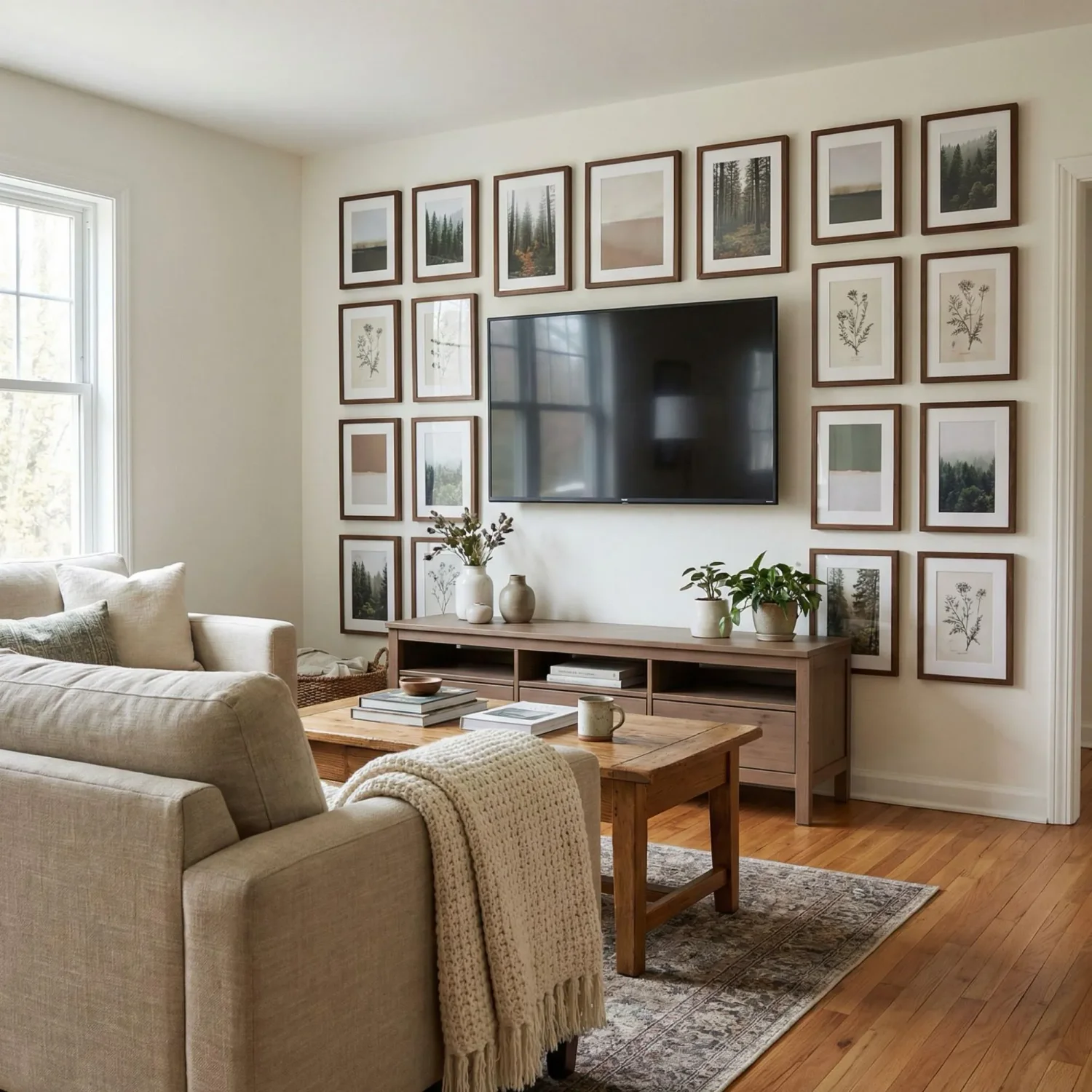 Balanced grid gallery wall around mounted TV