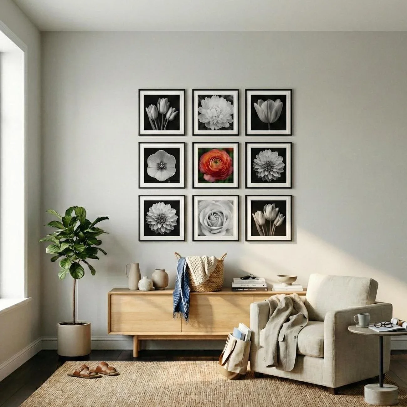 Cozy reading nook with floral gallery wall and neutral decor