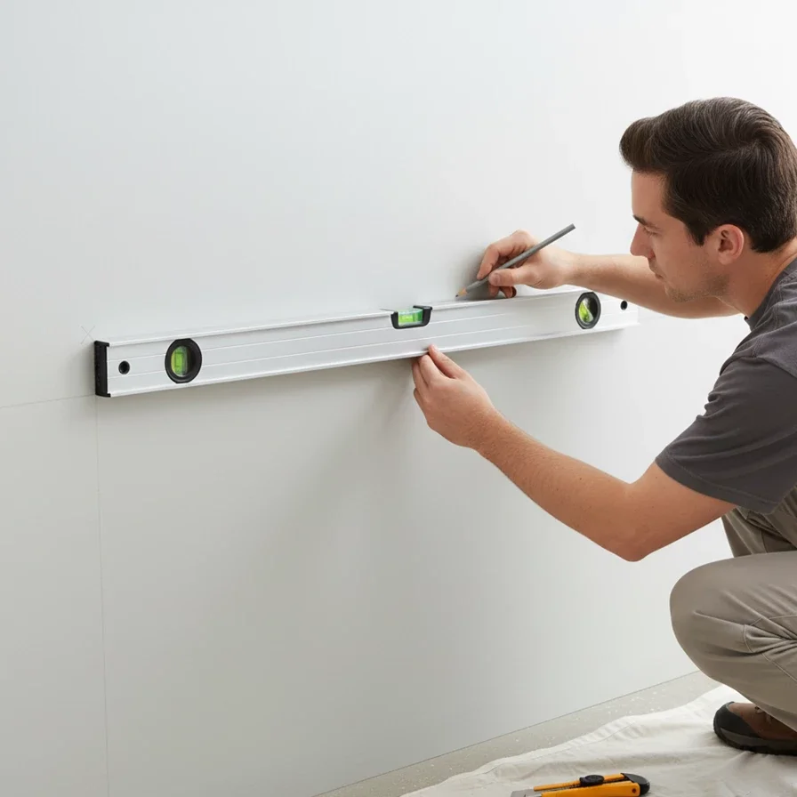 Person marking wall alignment with a level tool