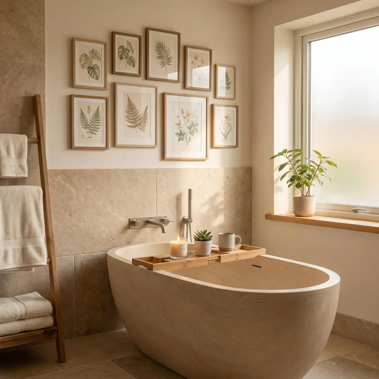 Botanical wall art in a spa-like bathroom