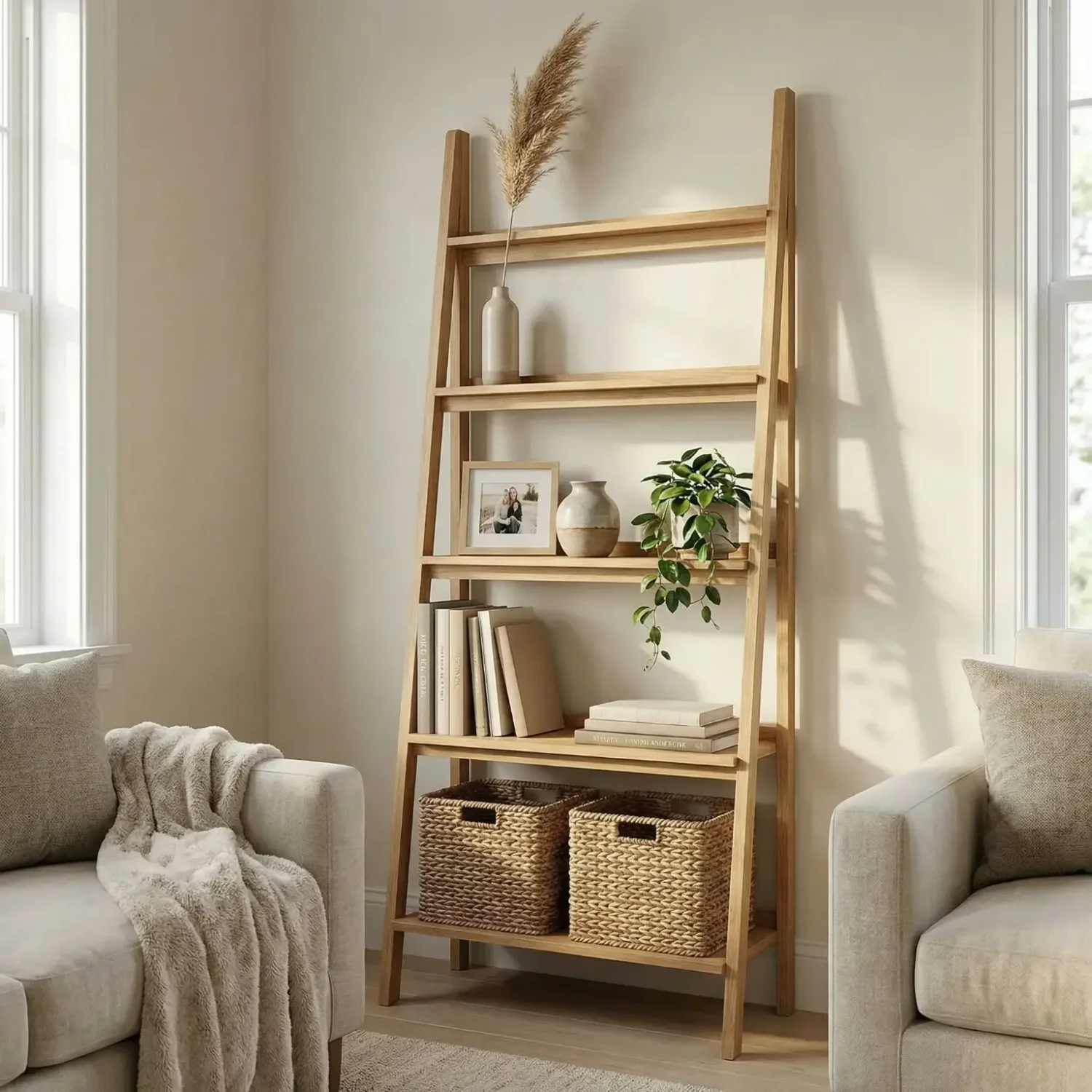 Ladder shelf styled from functional base to airy top