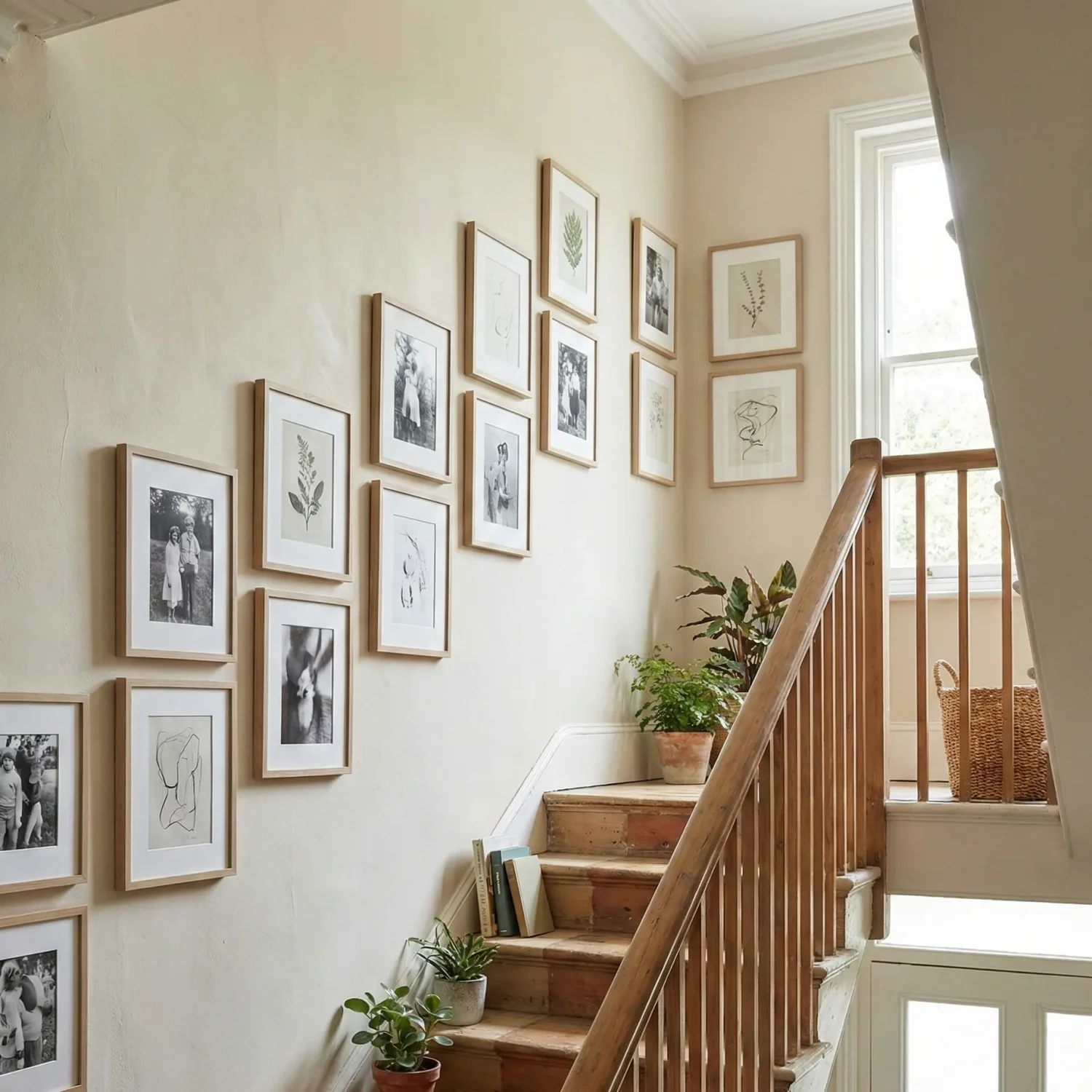 Sunlit stairwell with gallery wall, wooden railing, and plants
