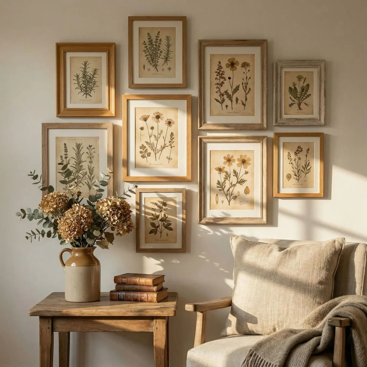 Vintage cottage botanical framed prints in wood frames