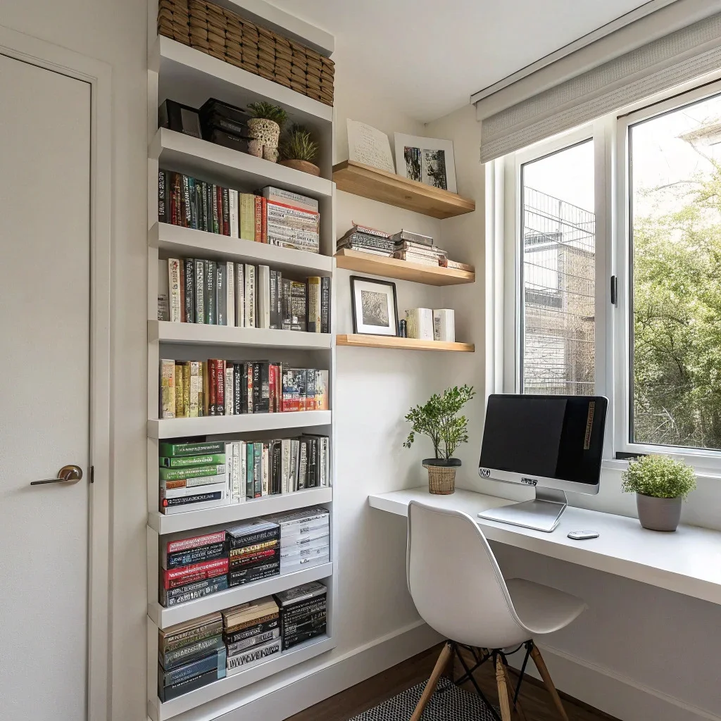 Small home office nook with floating shelves, a tall bookcase, and stacked rows of photo tiles creating vertical height above a narrow desk.