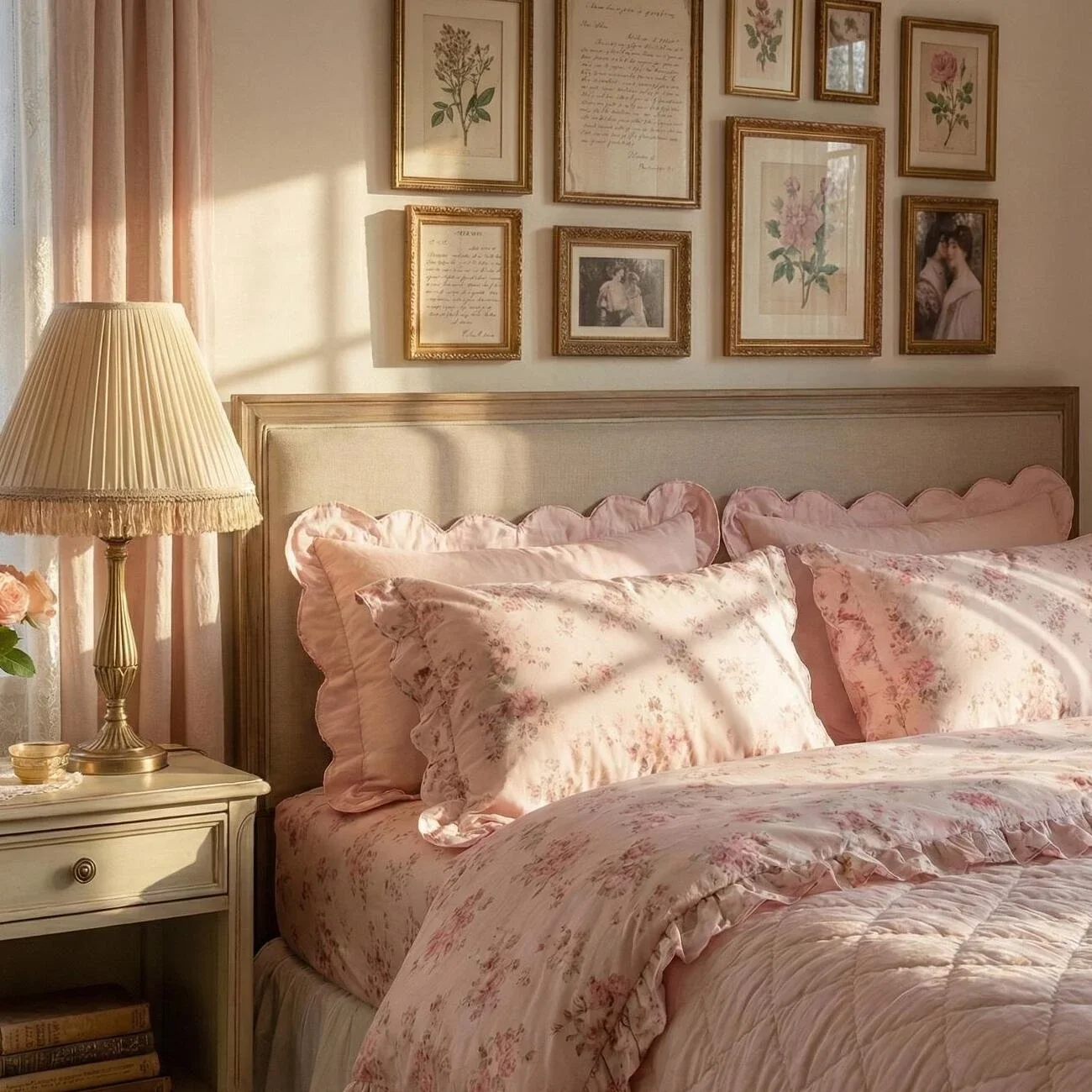 Romantic bedroom with pink floral bedding and vintage gold frames
