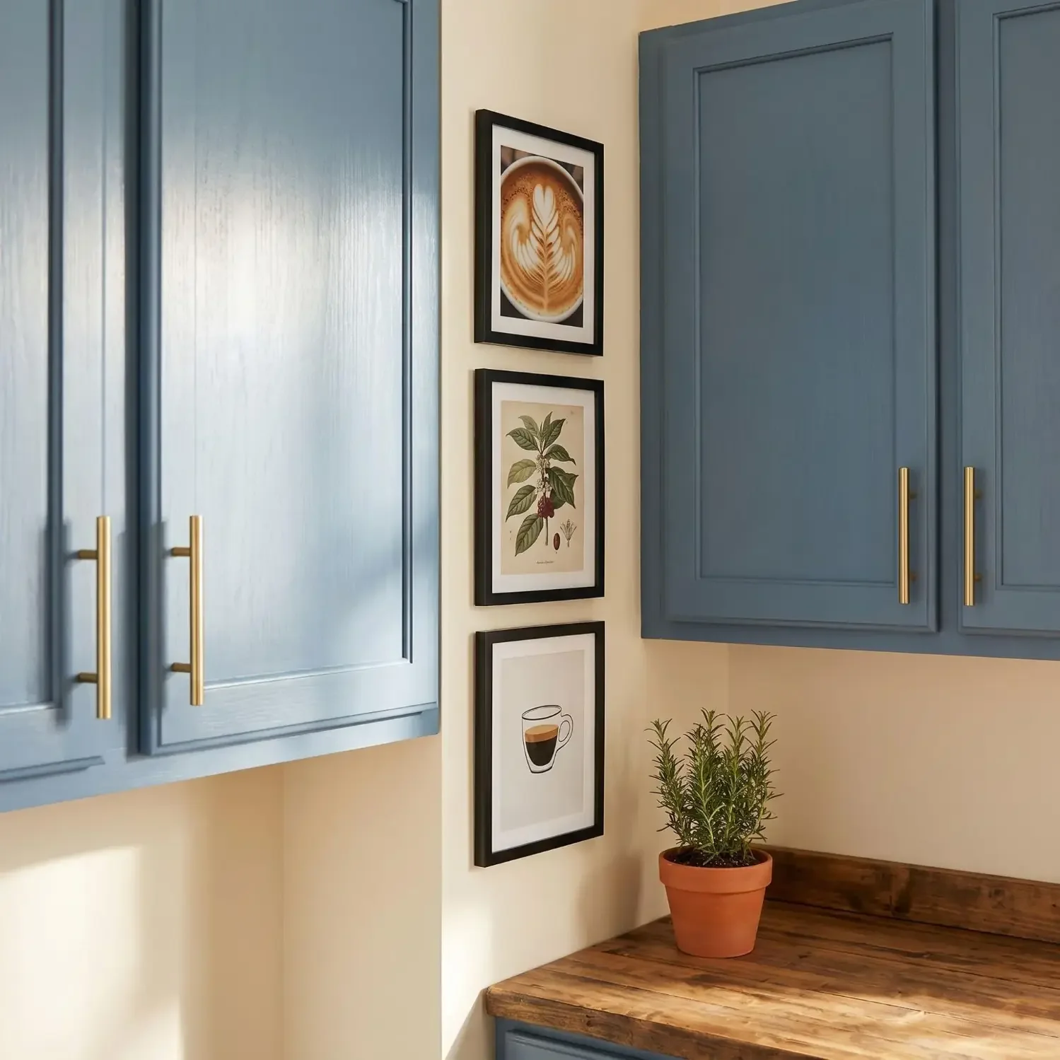 Vertical framed coffee art in narrow cabinet gap
