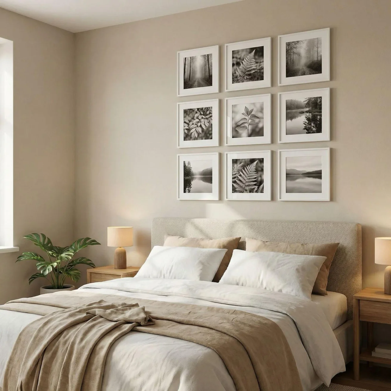 3x3 black and white nature grid above bed