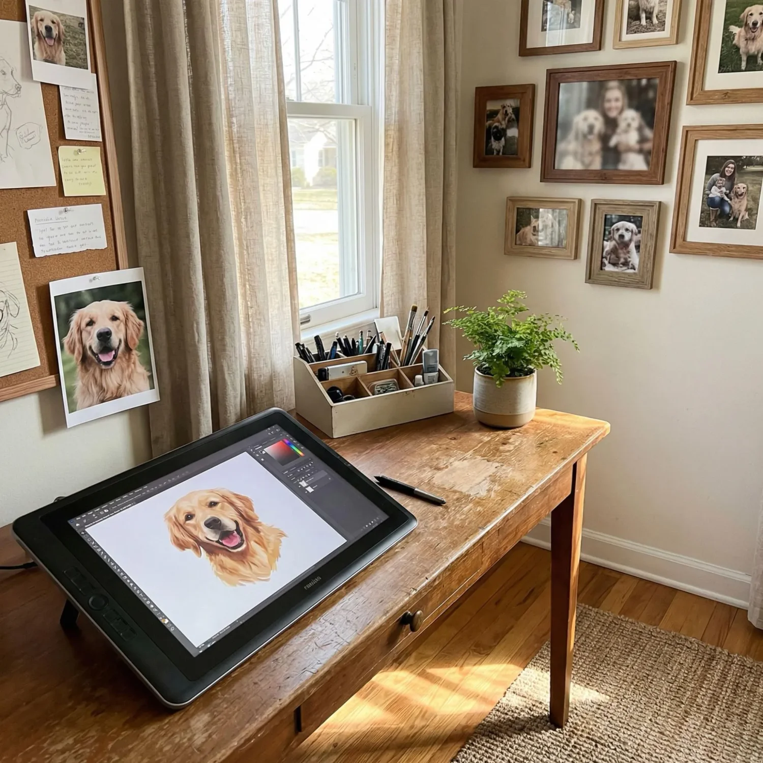 Digital pet portrait on tablet in home art studio