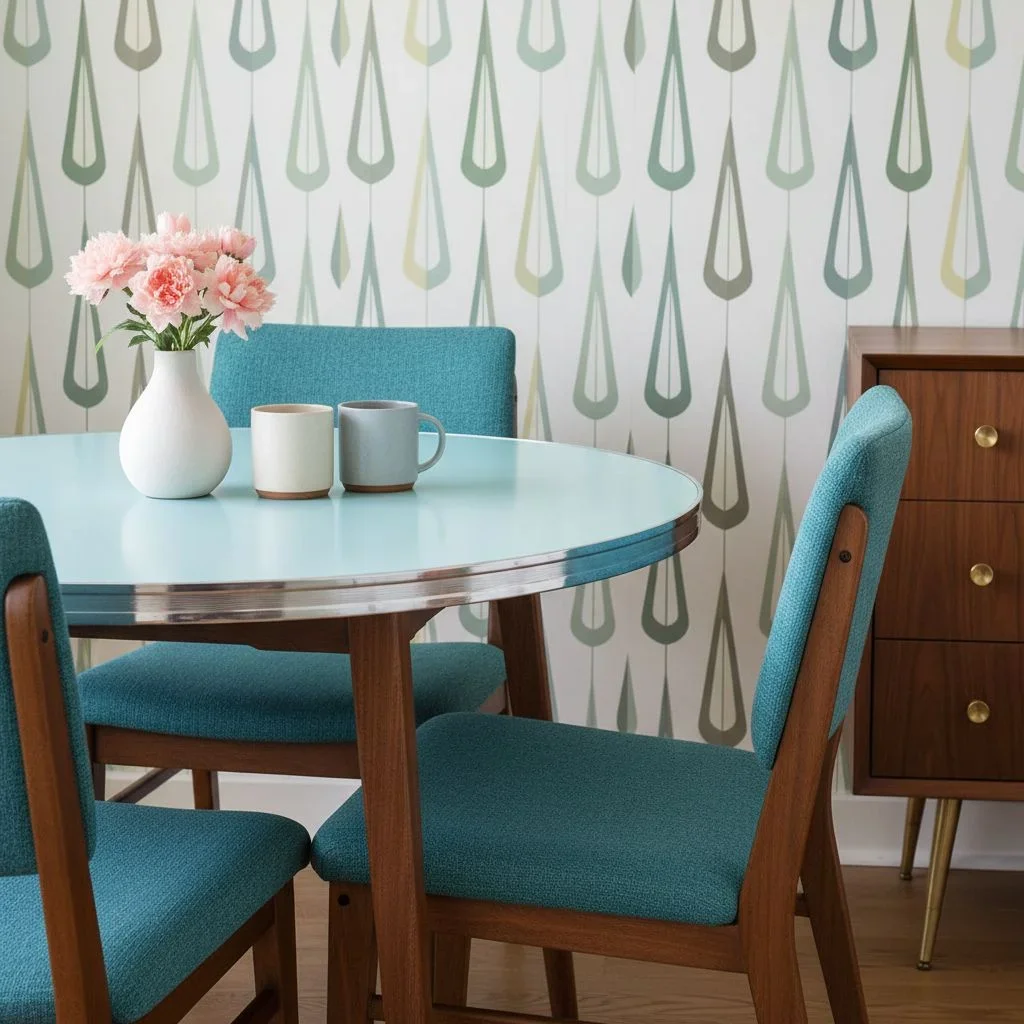 Atomic-pattern dining nook with retro materials