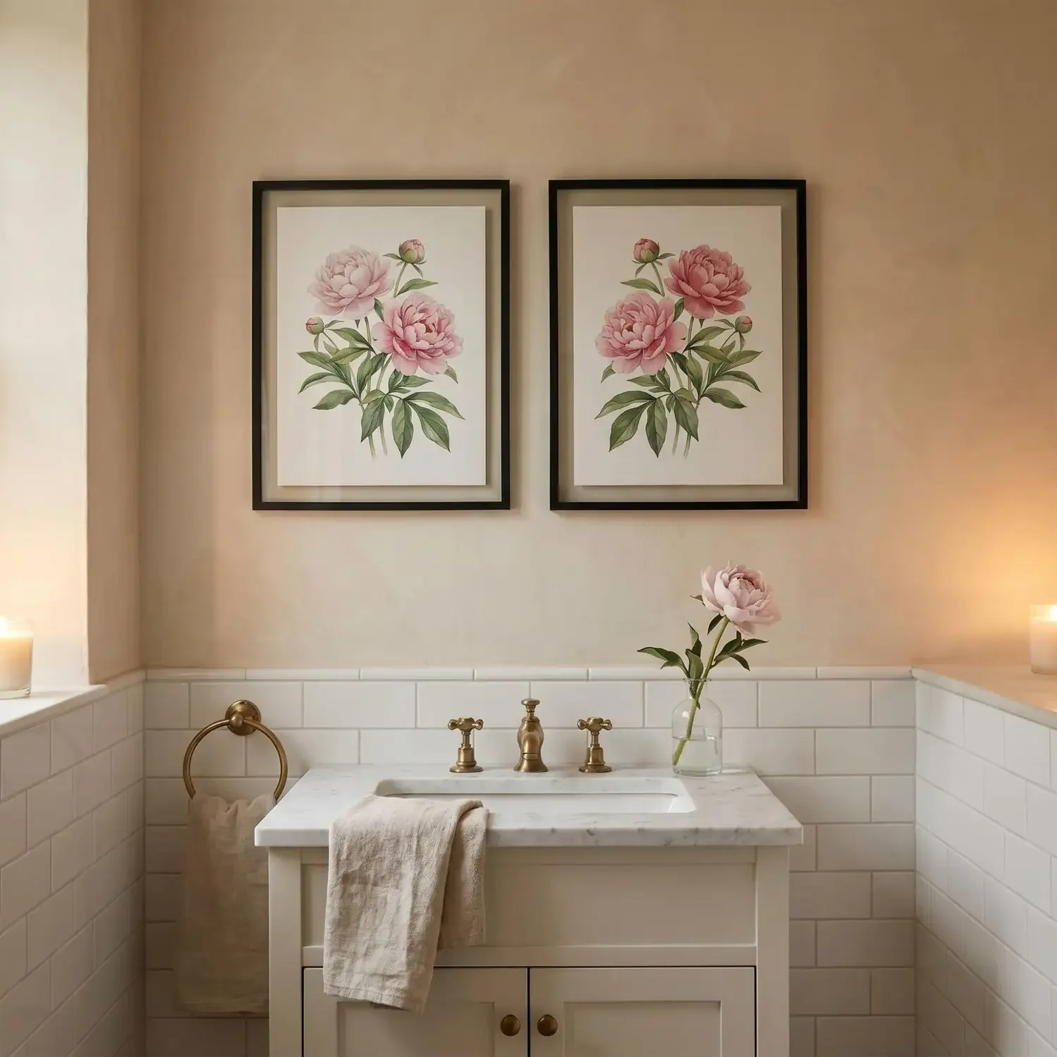 Matching botanical framed prints in bathroom