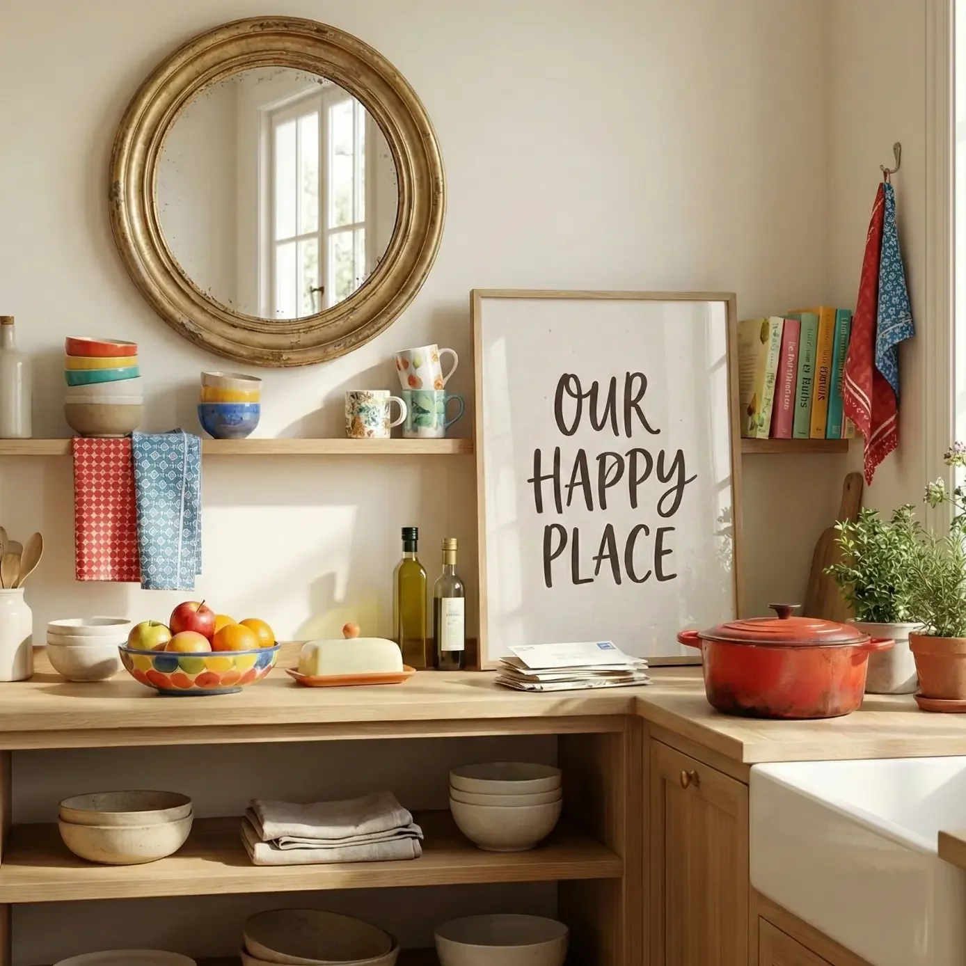 Cozy kitchen corner with "Our Happy Place" wall art.