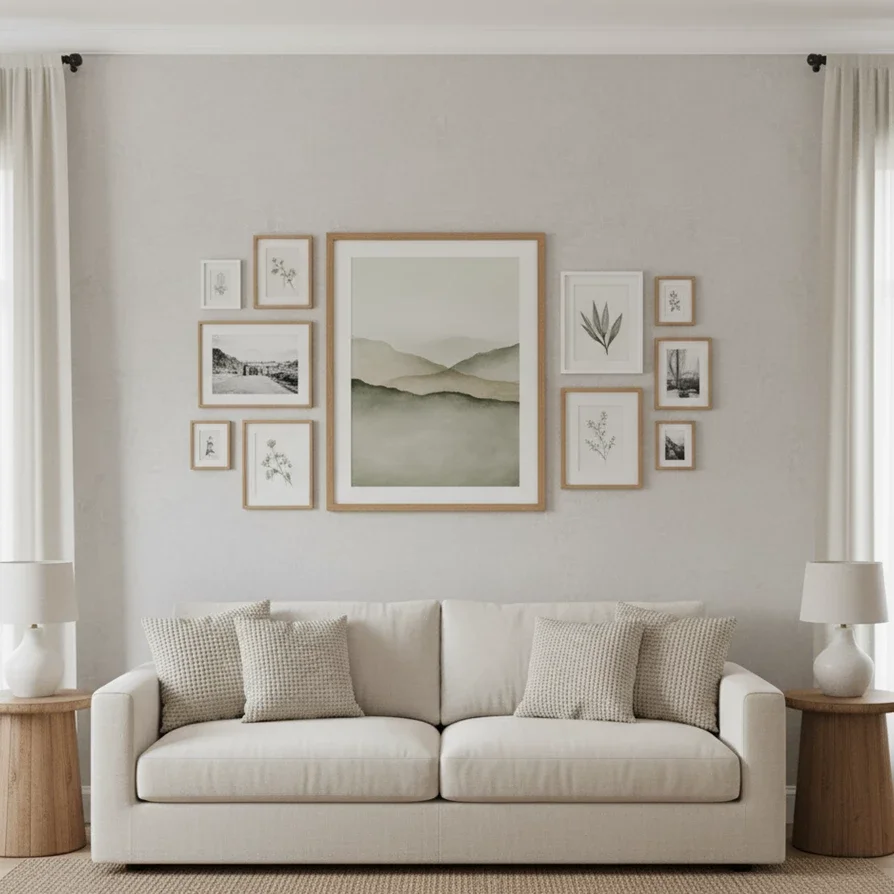 neutral sofa anchors gallery wall of botanical and landscape prints
