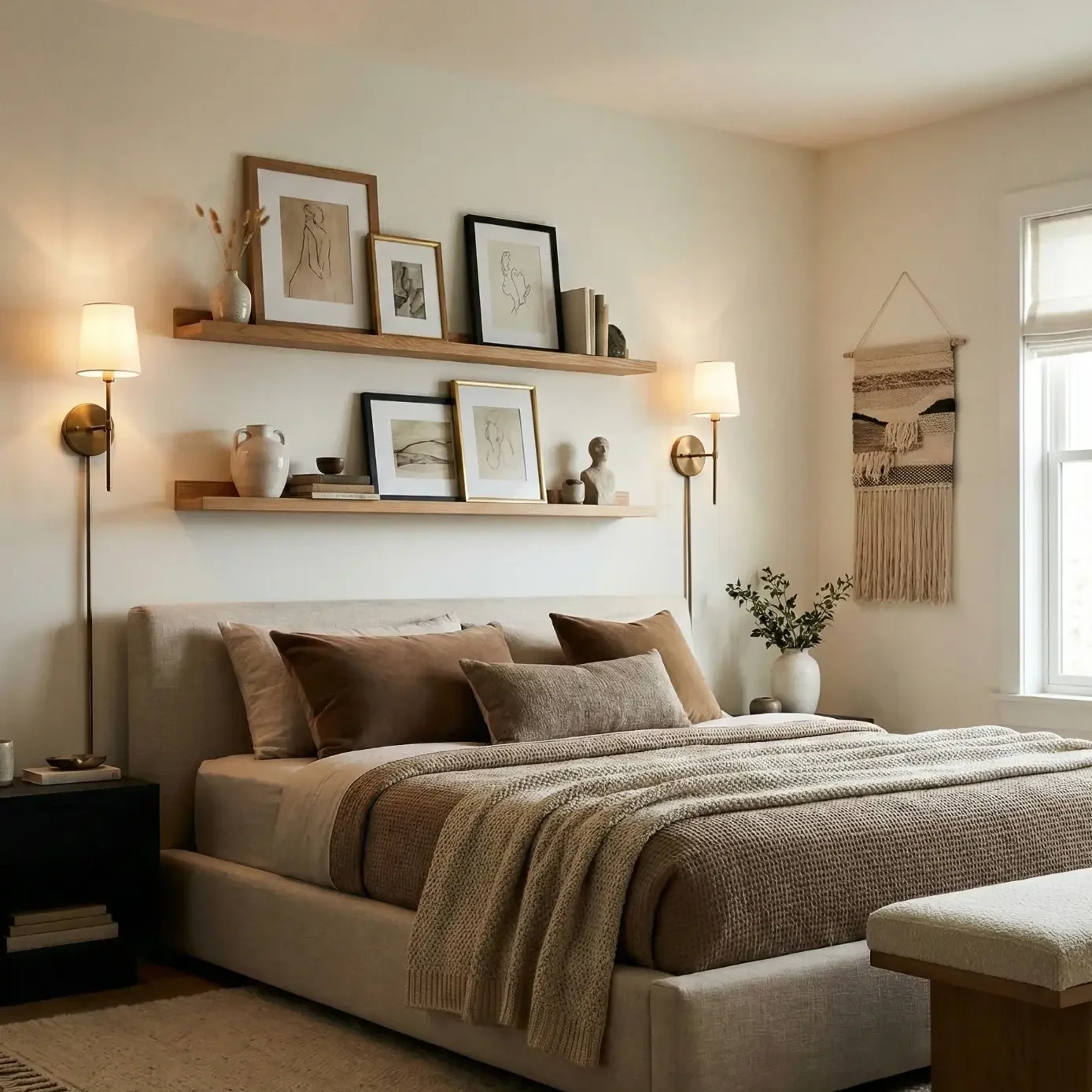 Cozy neutral bedroom with art shelves and wall sconces