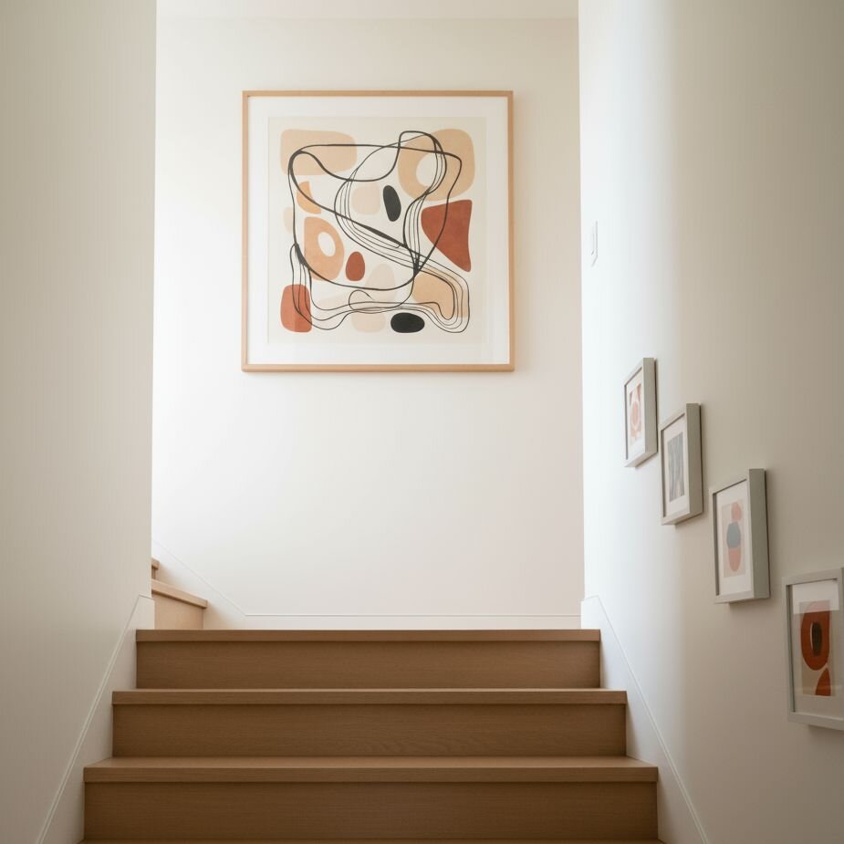 Wood stairs leading to large abstract art in warm tones