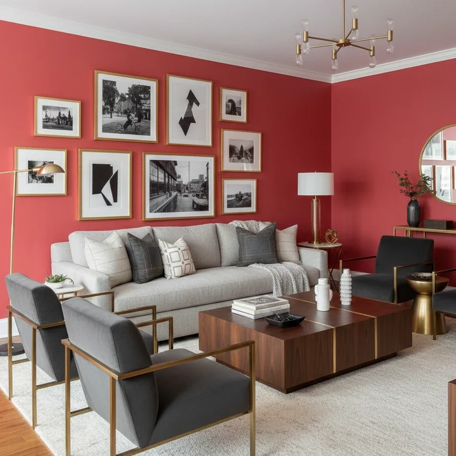 Bold living room with red walls and framed art gallery