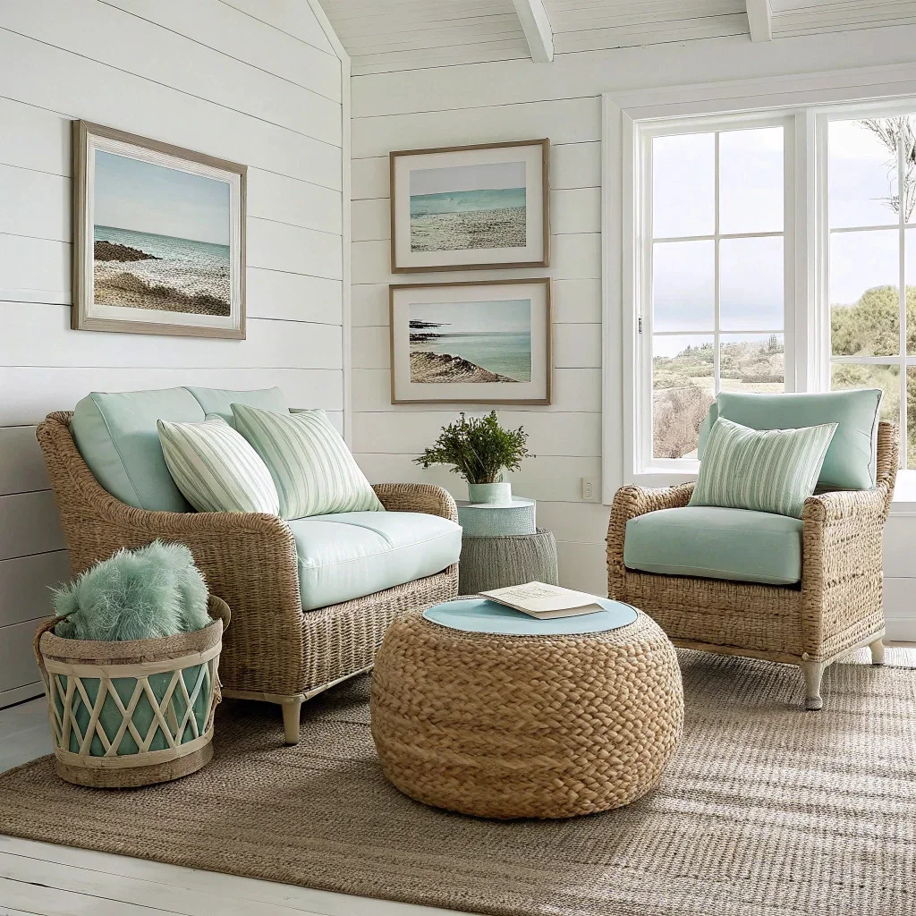 Scandinavian farmhouse room with bleached woods, pale textiles, minimal silhouettes, and soft greenery, creating a calm, airy space.