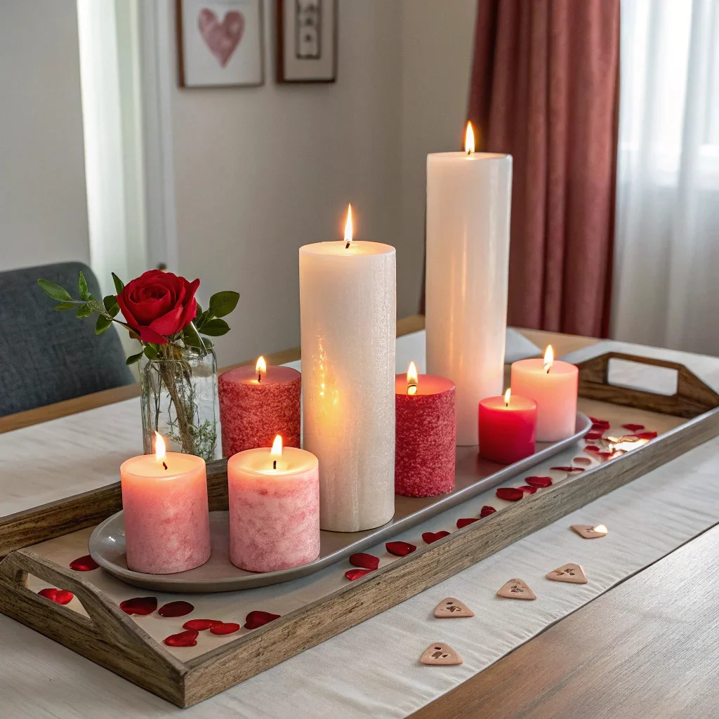 Valentine’s candle display with tapers on a tray.