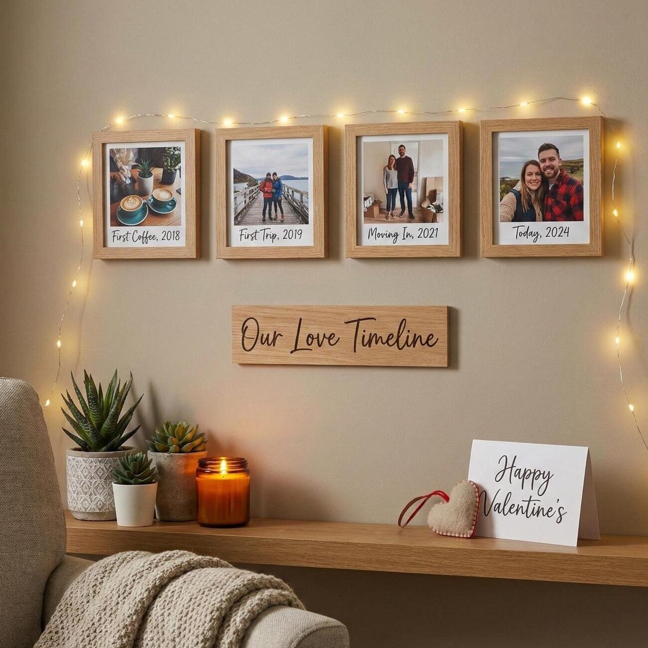 Cozy shelf with love-timeline photos, candles, and string lights